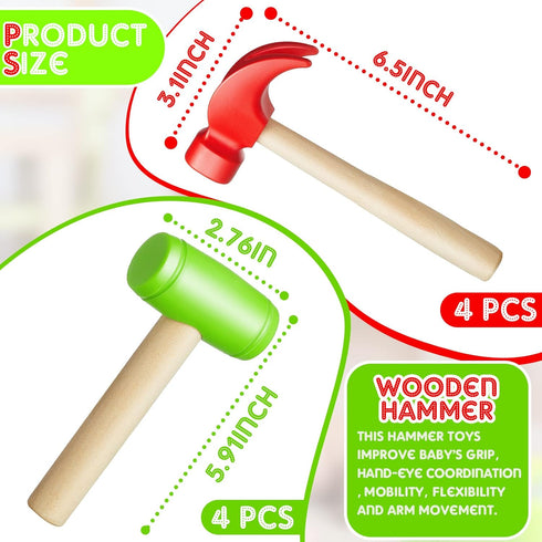 8 Pcs Toy Hammer Simulation, Wooden Hammers and Plastic Tools for Pretend Play Educational Toys for Kids