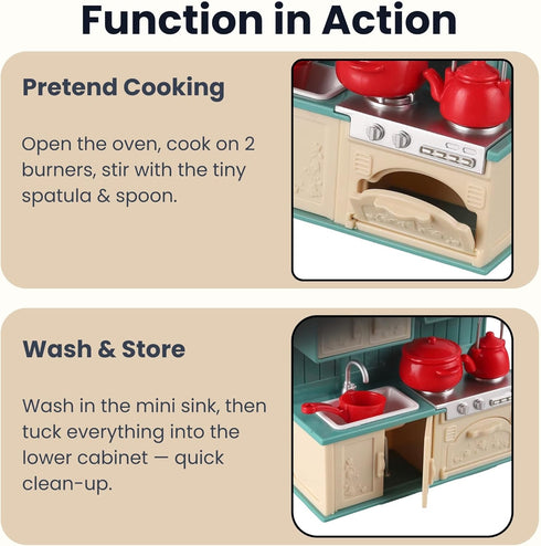 Set 3+ Family Dollhouse Kitchen Miniature Stove, Sink & Oven with Frying Pan, Saucepan, Kettle, Utensils & Cutting