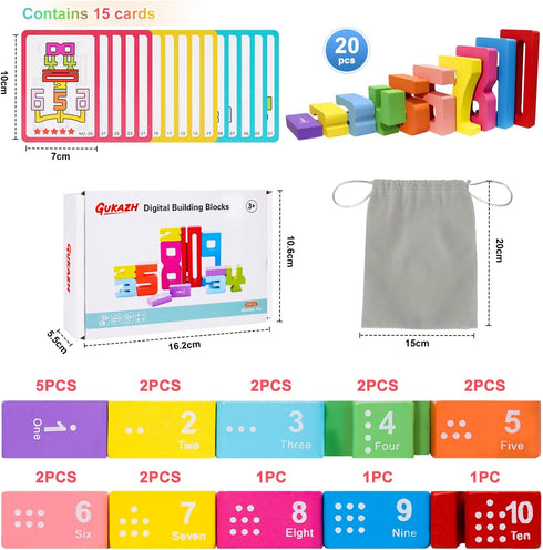 GUKAZH 20PCS 1-10, Educational Toys Wooden Number Building Blocks Stacking Toys for Kids, Math Learning Tool Digital