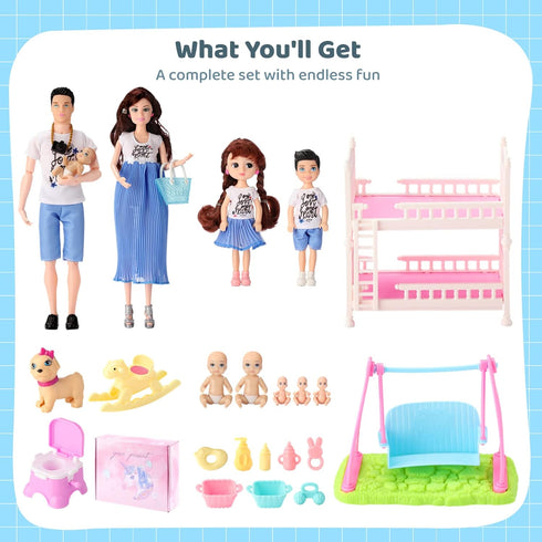 Pregnant Doll with Baby in Tummy, Family Dolls Set, Educational Welcome Baby Toys with 10 Family Members