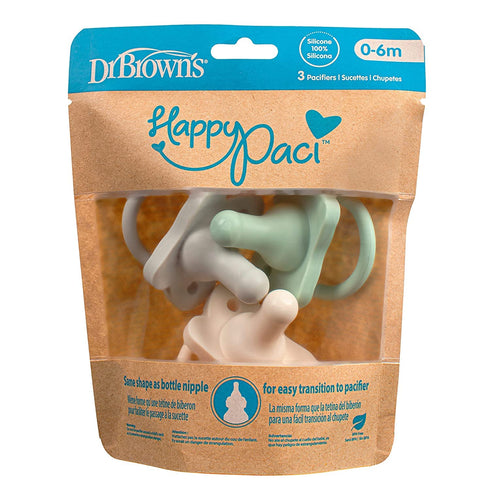 100% 0-6m, 6-Pack Dr. Brown's HappyPaci Silicone Baby Pacifier, Contoured One-Piece Design, Gray/Green/Ecru + Light