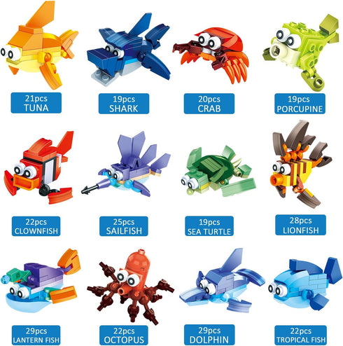,12PCS SetBuilding Sets Party Favors for Kids Goodie Bags Mini Building Blocks Ocean Animal, Sea Creatures Building