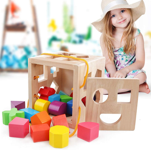 19 2-4 QZMTOY Shape Sorter Toys with Shape Blocks, Classic Wooden Toys for Toddlers Kids, Gift for Girls Boys (Natural