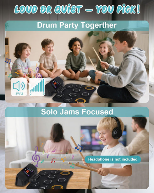 9 Set 5 2 3-12 RVONE Electronic Drum Pad for Kids Beginner with Screen, Pad Roll-Up Electric Drum with Light Mode