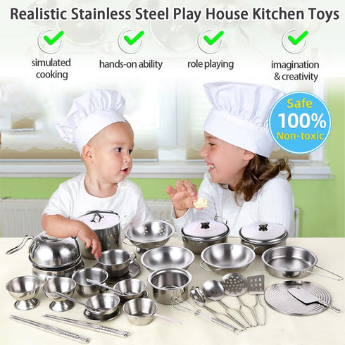 Tiny Size Kitchen Pretend Play Toys - Super Deluxe Stainless Steel Pots & Pans Play Kit with Storage Box for Toddlers