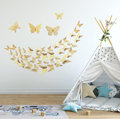 3D Gold Butterfly Wall Decor, 3 Sizes 4 Styles Butterfly Party Decorations, Removable Stickers for Room Mural (Gold,