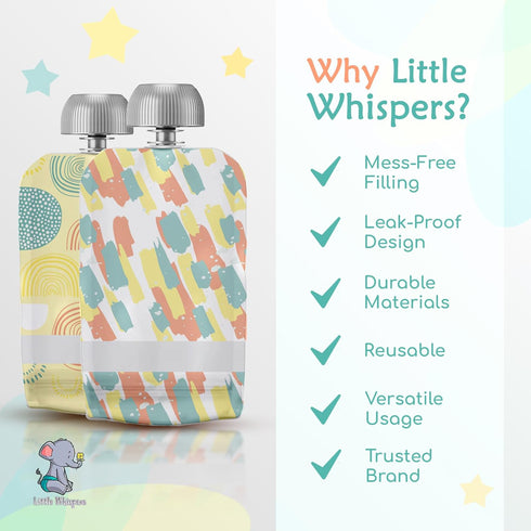 Little Whispers 10 Pack LittleWhispers Reusable Baby Food Pouches - Refillable with Applesauce, Yogurt, Fruit Puree