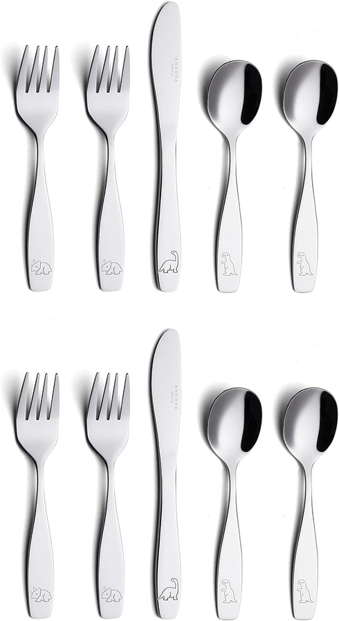 ANNOVA Kids Silverware 10 Pieces Children's Safe Flatware Set, Stainless Steel, 4 x Forks, 4 x Spoons, 2 x Safe Knife
