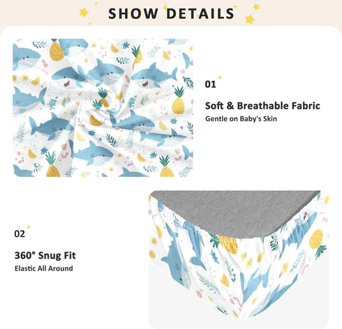 miaozhen Summer 1 Pack 52x28 Cotton Baby Crib Sheets Ultra Soft Cute Cartoon Tropical Shark Crib Mattress Sheet