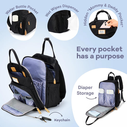 Backpack, Pack RUVALINO Diaper Bag Multifunction Travel Maternity Baby Changing Bags, Large Capacity, Waterproof, Black