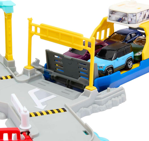 HMH29 Set 3 Matchbox Ferry Port with Detachable Wheeled Ferry, Elements to Activate Manually or with The Help of The