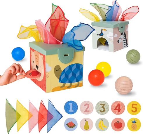 Taf Toys Sensory Baby Tissue Box - Montessori Square Sensory Toys with Colorful Pull Scarves, Play Balls, and Cards.