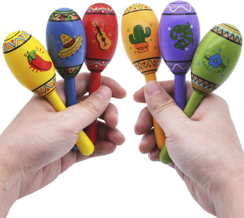 12 6 JOYIN Mini Wooden Fiesta Maracas Designs Noisemaker for Mexican Fiesta, Cinco De Mayo Party Favors, Musical Fun