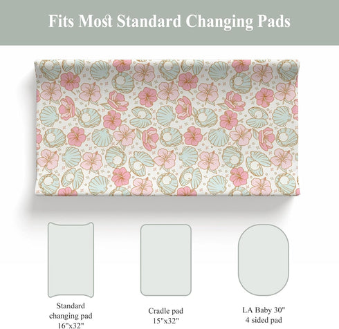 Summer 32''16'' Boho Mermaids Floral Changing Pad Covers for Baby Girls Boys Beach Seashells Conch Tropical Flowers