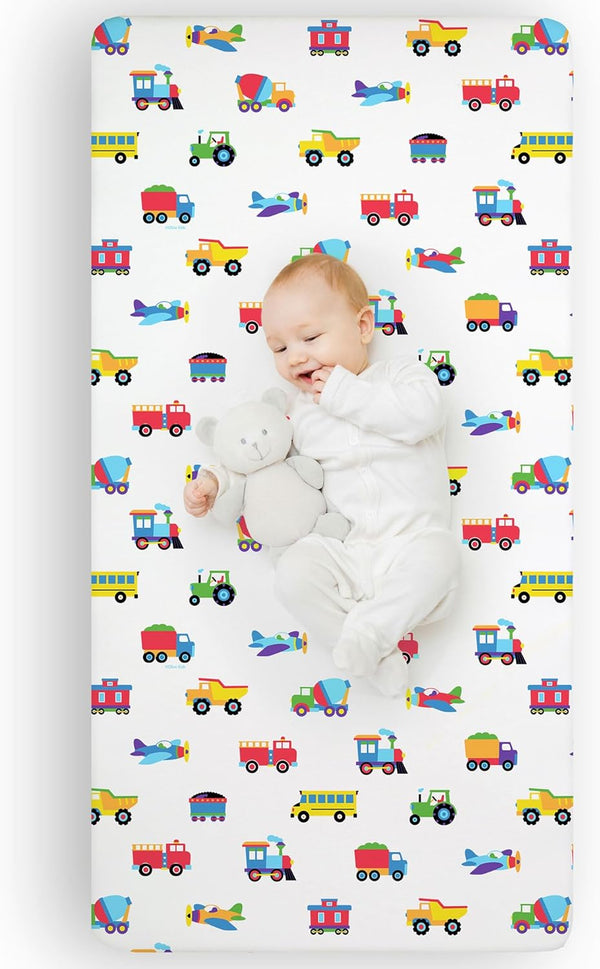 Wildkin Kids 100% Microfiber Crib Sheet - Soft, Breathable Fitted Sheet - Trains, Planes, and Trucks