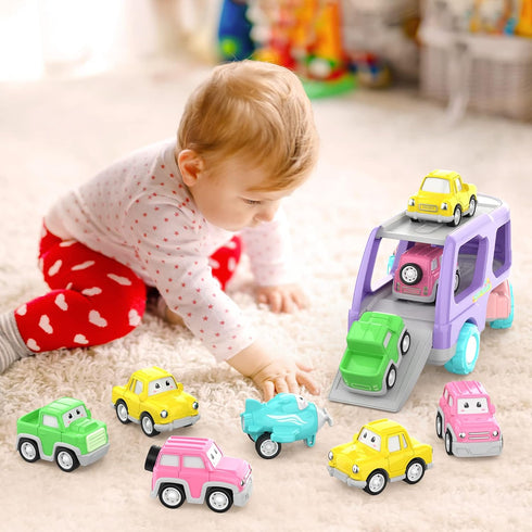1 2 3 5-in-1 LASCOTON Toys for Year Old Girl, Carrier Truck for Toddler Girl, Friction Power Toy Cars with Light