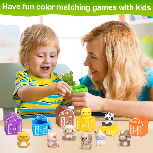 Learning Toy for Toddlers 1-3, 10 Farm Animal Toys & Barns, Montessori Educational Sensory Gift