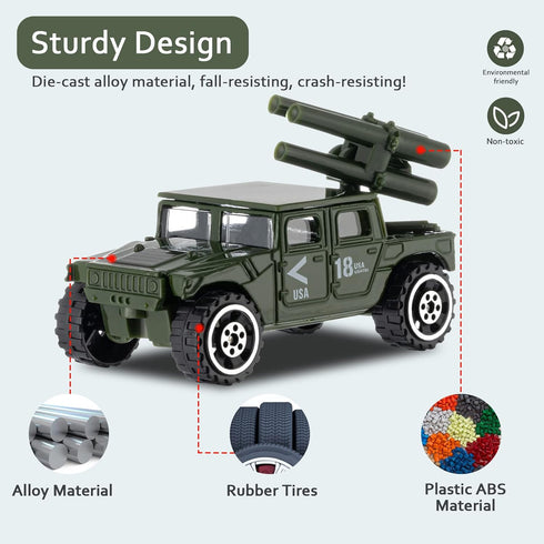 Diecast Military Vehicles, 6 Pack Army Toys Assorted Alloy Metal Model Cars for Boys Kids Age 6-10