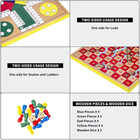 12 inches 2 1 1-4 Set Packed) AMEROUS Wooden Ludo Board Game - Snakes and Ladders, in Reversible, Players Family Dice