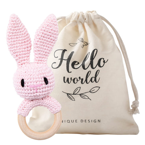WOODEN TEETHER Crochet Baby Rattle, Crochet Baby Toys, Easter Bunny Rattle, Newborn Animal Rattle ToysKnitted Stuffed