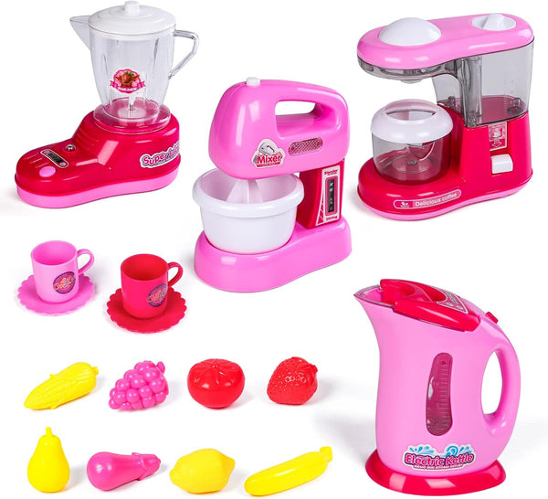 FANELEQU Kitchen Appliances Toy,Kids Kitchen Pretend Accessories Play Set,Coffee Maker Machine,Blender,Mixer and Kettle