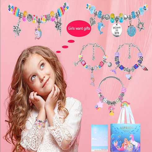 AIPRIDY Charm Bracelet Making Kit, Unicorn Mermaid Crafts Gifts Set for Girls 5-12 Years Old (84 Pieces)