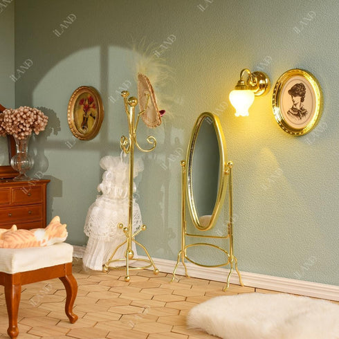1:12 iLAND Dollhouse Furniture and Accessories on Scale, Miniature Coat Rack & Full Mirror (Golden Color)