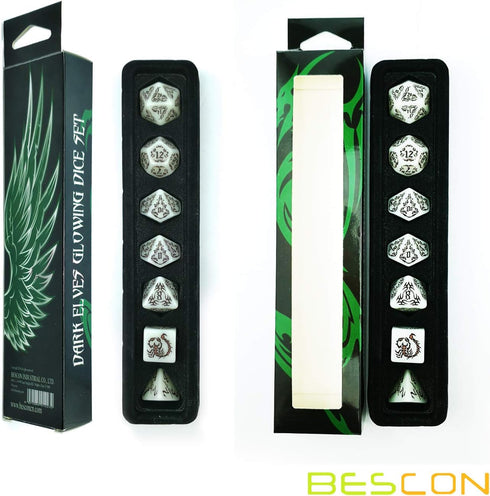 BESCON DARK ELVES Glowing Dice Set (7 piece), Oversized GLOW in DARK Carved RPG Dice Set