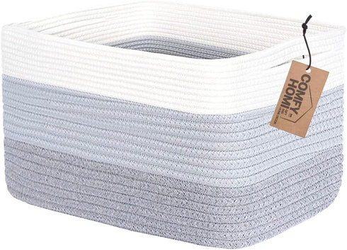 COMFY-HOMI Cotton Rope Woven Basket, 13.5"x11"x9.5" Toy Organizer with Handles for Shelves, White/3Tone Grey