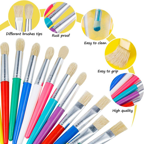 YGAOHF 24 Pcs Paint Brushes for Kids, Colorful Round and Flat Brushes, Easy Clean Toddler Paint Brushes