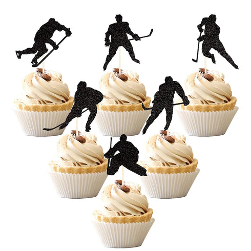 24 PCS Hockey Cupcake Toppers, Black Glitter Hockey Players Picks for Baby Shower and Birthday Party Decorations