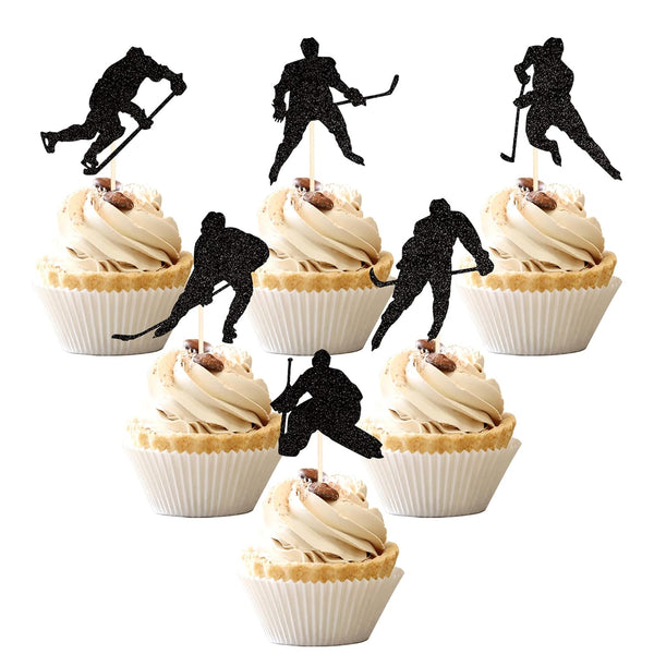 24 PCS Hockey Cupcake Toppers, Black Glitter Hockey Players Picks for Baby Shower and Birthday Party Decorations
