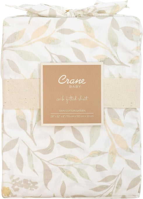 100% 28" 52" 9", Crane Baby Crib Sheets Neutral, Cotton Crib Sheets Girl or Boy, Neutral Leaf Pattern, Crib Bedding, x