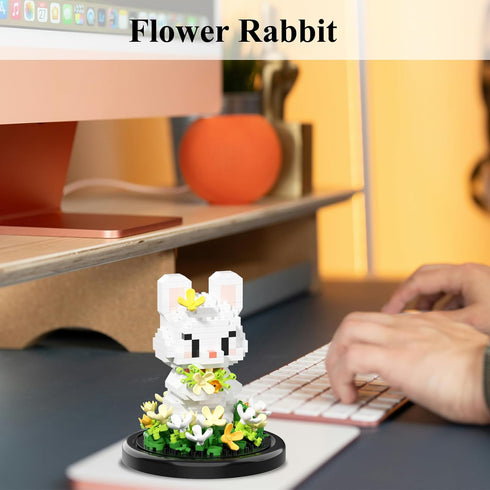 RIESEK Set Artificial Flower Animal Building for Adults,Mini Rabbit Plant Bonsai Tree,Botanical Collection Gift