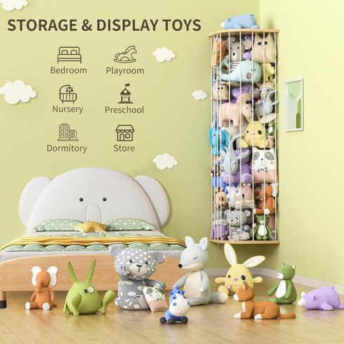 Stuffed Animal Storage for Plushie Toys - Large Wood Corner Hanging Pet Storage with Sky Pattern, Length Adjustable Toy
