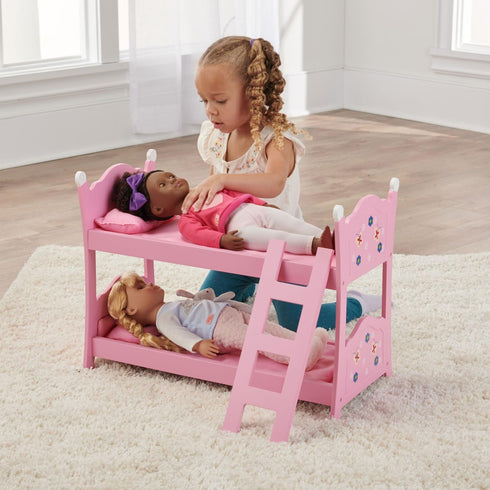 Toy Blossoms and Butterflies Doll Bunk Bed by Badger Basket - Pink with Ladder and Bedding for 20 inch Dolls