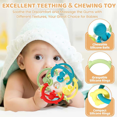 Orzbow Rattle & Sensory Teething Toys for Baby - Montessori Teethers for 3-12 Months, Educational Chew Toys