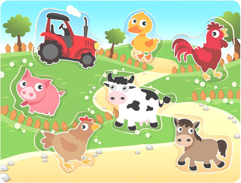 7Pieces Wooden Puzzles Farm Chunky Baby Puzzles Peg Board, Full-Color Pictures for Preschool Educational Jigsaw