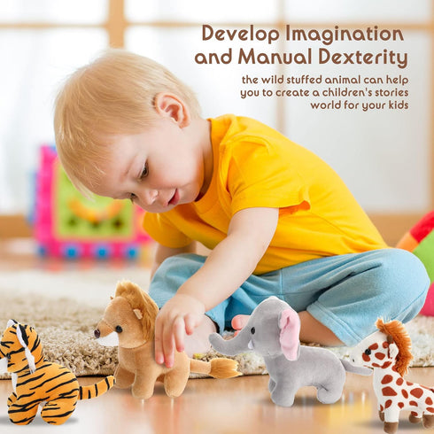 7 Pieces Jungle Stuffed Animal Set: Plush Giraffe, Tiger, Lion, Bear, Elephant, Zebra - 4.72 Inches for Parties & Awards