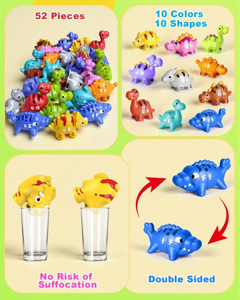 52 3-5, 10 PCS Dinosaur Alphabet Learning Toys for Toddlers Kids Different Dinosaur Figures, Double Sided ABC Matching