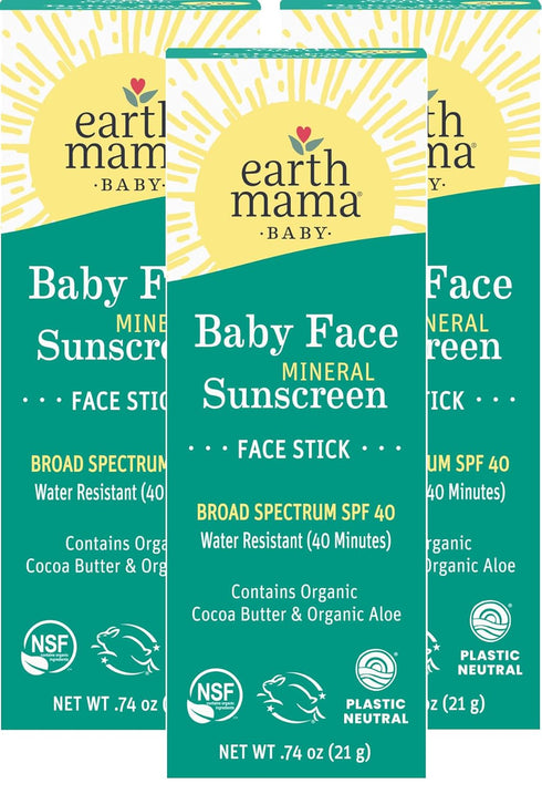 Earth Mama Baby Face Mineral Sunscreen Stick SPF 40 | Non-Nano Zinc, Natural Water
