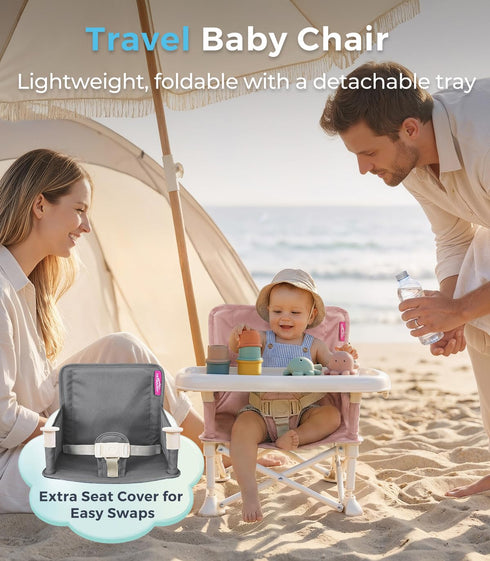 YEFAJUMP 2-Pack Portable Baby Chair, Baby Beach Chair with Interchangeable Seat Covers, Portable Booster Seat with Tray
