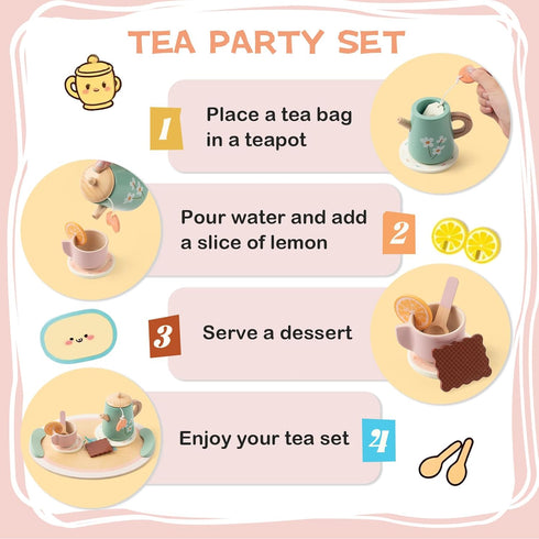 Set Set 3 4 5 Tea Party for Little Girls, Wooden Kids Tea with Teapot Cups Coasters Carrying Dessert, Picnic Outdoor