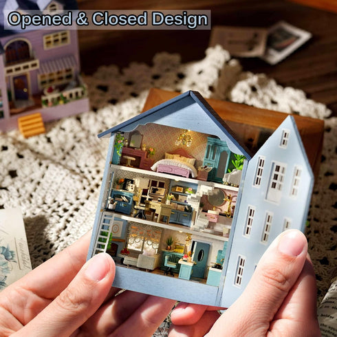 1:32 TuKIIE DIY Miniature Dollhouse Kit with Furniture, Scale Creative Room Opened & Closed Mini Wooden Doll House