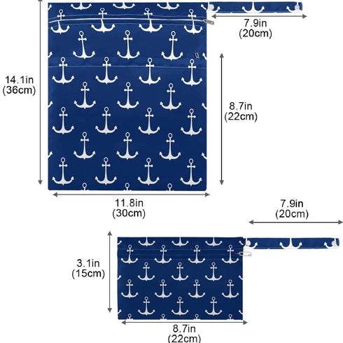 visesunny 2Pcs Classic Anchor Dark Blue Wet Bag with Zippered Pockets Washable Reusable Roomy