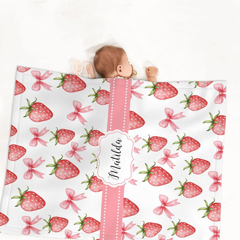 Workvalor Set 3 Set Personalized Strawberry Baby Crib Bedding Custom Name Piece Nursery for Baby Girls, Soft Blanket