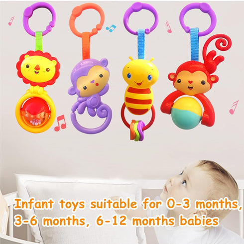 4 Pack Cartoon Animal Hanging Rattle Toys, Baby Bed Crib Car Seat Stroller Toys, Best Birthday Gift for Newborn