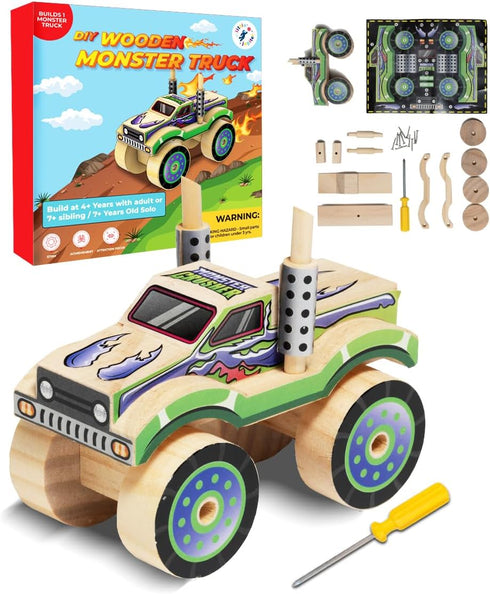 DIY Wooden Monster Truck with Stickers, Kids Building Kit, STEM Building Toys for Ages 4-7