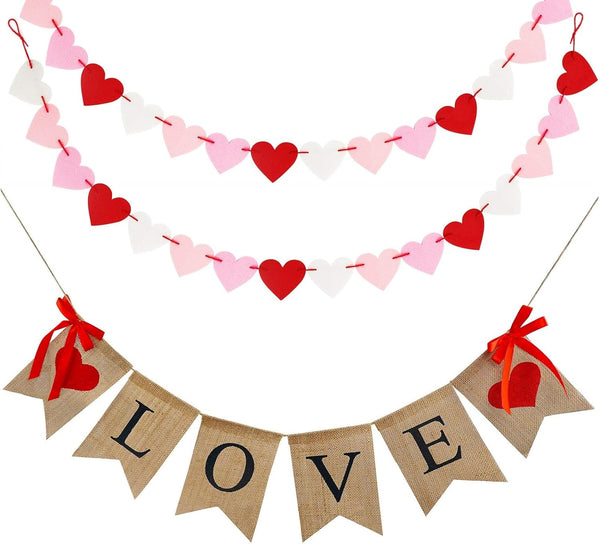 Valentines Decor, Be Mine Hanging Banner with 28 Pcs Felt Heart Garland, Burlap Decorations for Valentine's Day