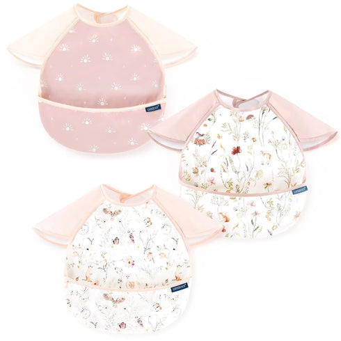 GRSSDER 3-pack Mess Proof Baby Feeding Bibs with Food Catcher Pocket, Soft